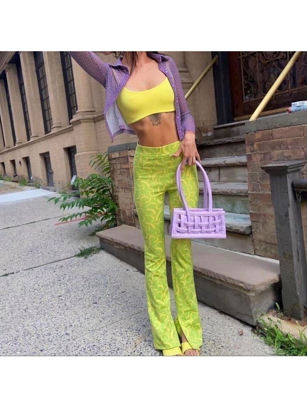 Zara Green Yellow Flared Jacquard Y2K Pull on Flare Pants 70’s disco hippie L